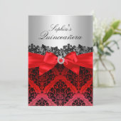 Red Lace Damask & Bow Quinceanera Invitation Kaart (Staand voorkant)