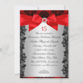 Red Lace Damask & Bow Quinceanera Invitation Kaart (Achterkant)