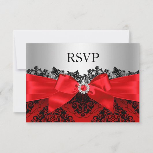 Red Lace Damask & Bow RSVP (Voorkant)