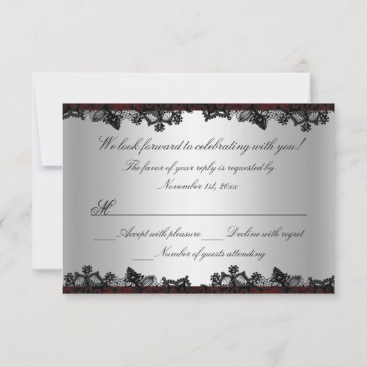 Red Lace Damask & Bow RSVP (Achterkant)