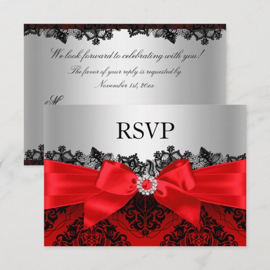Red Lace Damask & Bow RSVP (Voorkant / Achterkant)