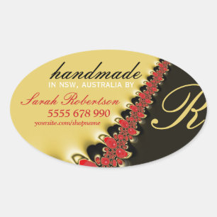 Red Lace en Gold Satin Handmade Label Oval Sticker