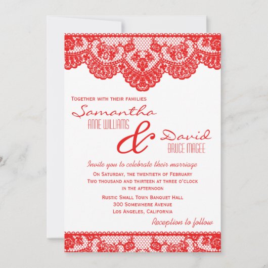 Red Lace en White Wedding Invitation Kaart (Voorkant)