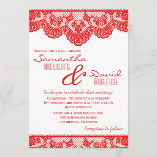 Red Lace en White Wedding Invitation Kaart