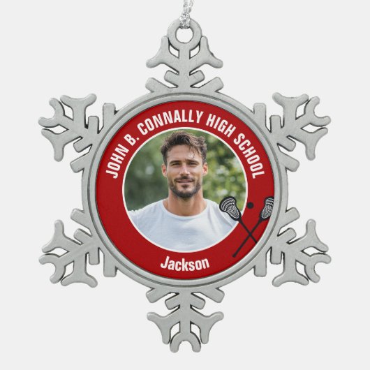 Red Lacrosse Player Photo High School Tin Sneeuwvlok Ornament (Voorkant)
