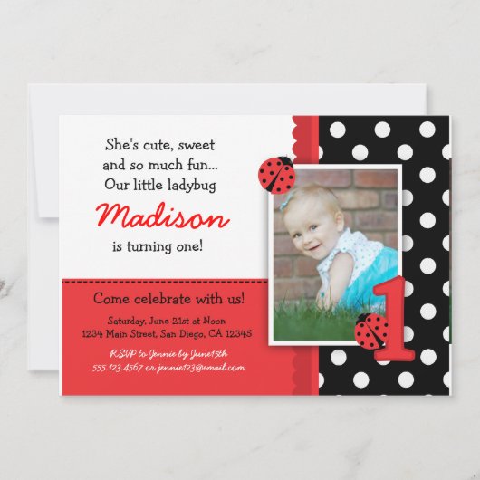 Red ladybug 1st Birthday Invitations Kaart (Voorkant)