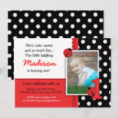 Red ladybug 1st Birthday Invitations Kaart (Voorkant / Achterkant)
