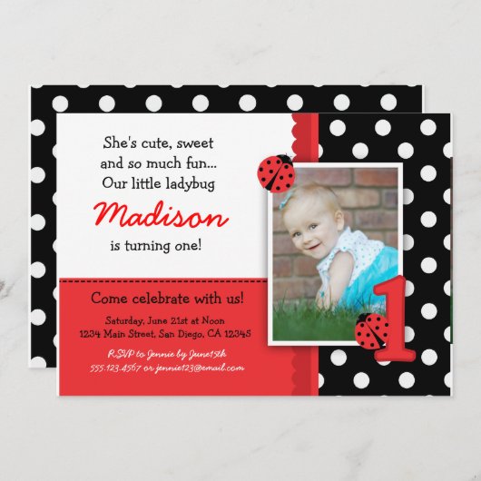 Red ladybug 1st Birthday Invitations Kaart (Voorkant / Achterkant)
