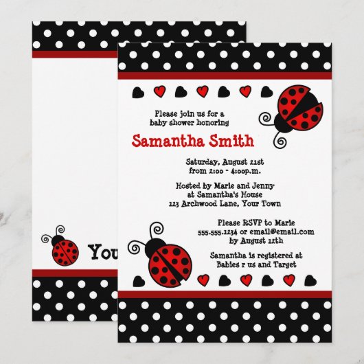 Red Ladybug Baby shower Black en White Polka Dots Kaart (Voorkant / Achterkant)
