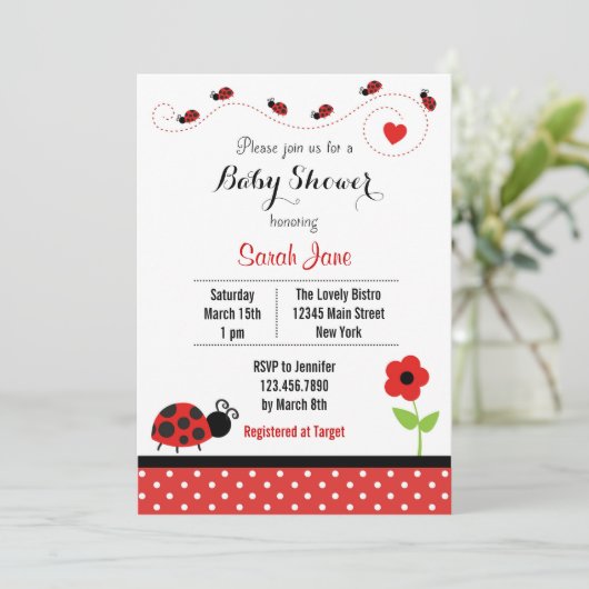 Red Ladybug Baby shower Invitation Polkadot Kaart (Staand voorkant)
