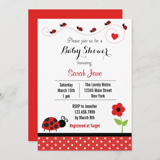 Red Ladybug Baby shower Invitation Polkadot Kaart (Voorkant / Achterkant)