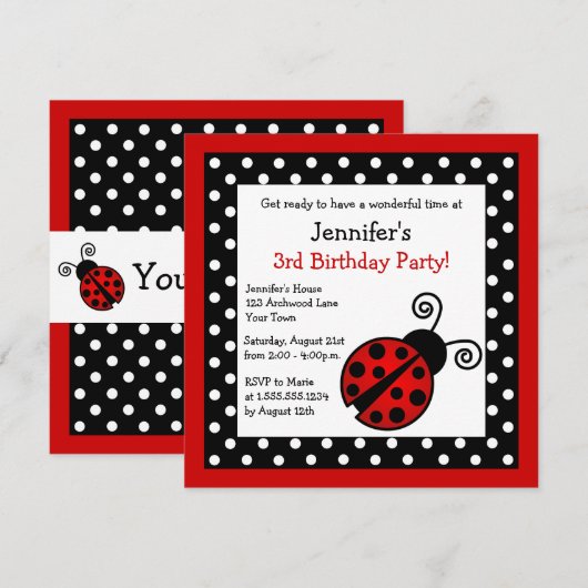 Red Ladybug Birthday - Black en White Polka Dots Kaart (Voorkant / Achterkant)