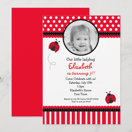 Red Ladybug Birthday Invitation Kaart (Voorkant / Achterkant)