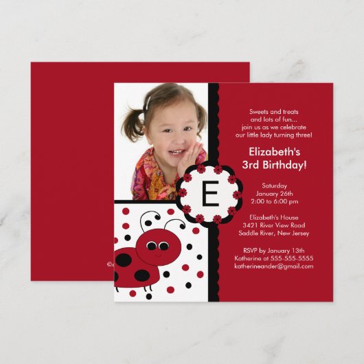 Red Ladybug Photo Birthday Invitation Kaart (Voorkant / Achterkant)