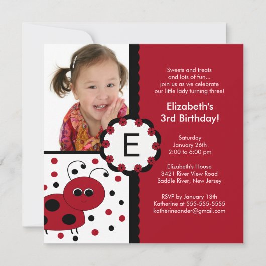 Red Ladybug Photo Birthday Invitation Kaart (Voorkant)