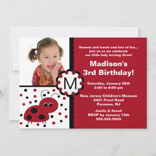 Red Ladybug Photo Birthday Invitation Kaart (Voorkant)
