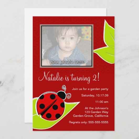 Red Ladybug Photo Invite Kaart (Voorkant / Achterkant)