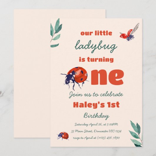 Red Ladybug Schattige Eerste 1e Baby Verjaardagsfe Kaart (Voorkant / Achterkant)