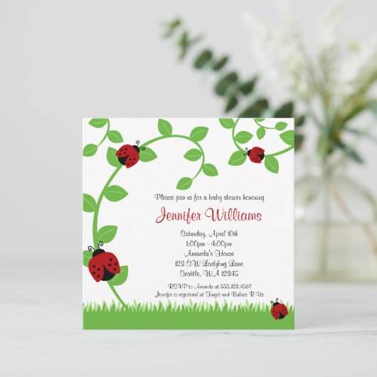 Red Ladybug Vines Baby Shower Invitations Kaart (Staand voorkant)