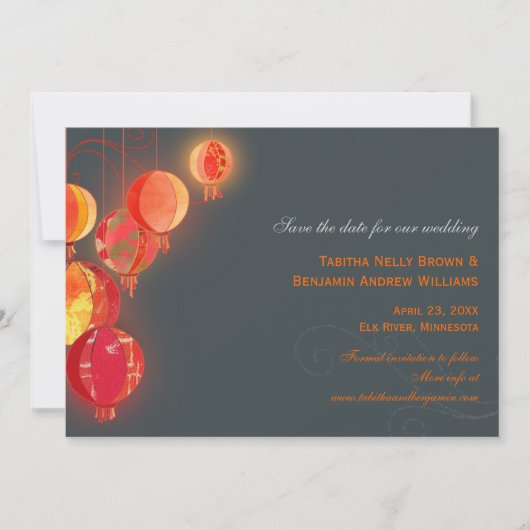 Red Lantaarns Charcoal Grey Wedding Save the Date (Voorkant)