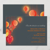 Red Lantaarns Charcoal Grey Wedding Save the Date (Voorkant / Achterkant)