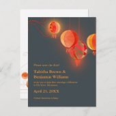 Red Lantaarns Charcoal Grey Wedding Save the Date Aankondigingskaart (Voorkant / Achterkant)