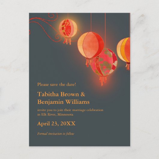Red Lantaarns Charcoal Grey Wedding Save the Date Aankondigingskaart (Voorkant)
