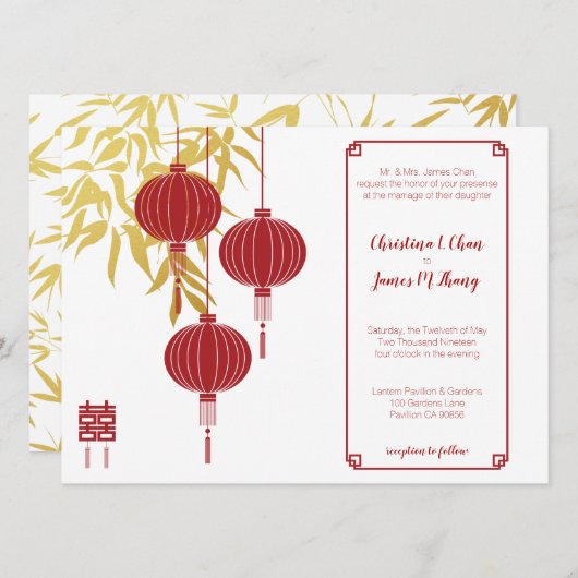 Red Lantern Double Happiness Chinese Wedding Kaart (Voorkant / Achterkant)