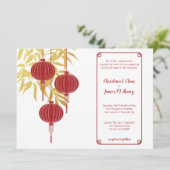 Red Lantern Gold Bamboo Chinese Weddenschap Kaart (Staand voorkant)