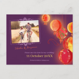 Red Lantern Paars Wedding Foto Save the Date Aankondigingskaart