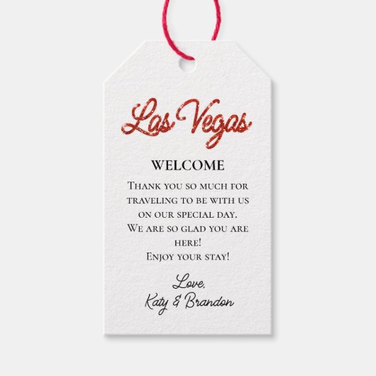 Red Las Vegas Sparkles Bruiloft Welkom Cadeaulabel (Voorkant)