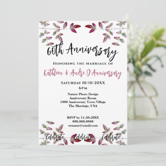 RED LEAF BRANCH FOTO 60TH JUBILEUM INVITATION KAART (Staand voorkant)