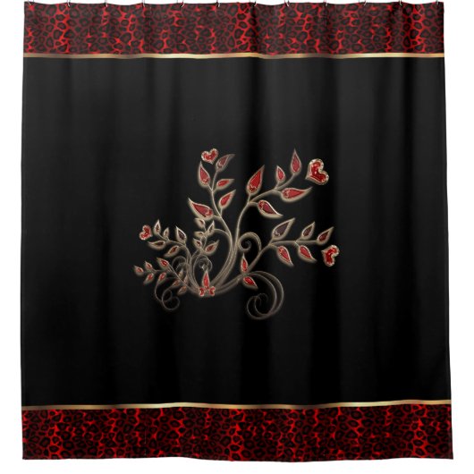 Red Leopard Animal Pattern en Floral Design Douchegordijn (Voorkant)