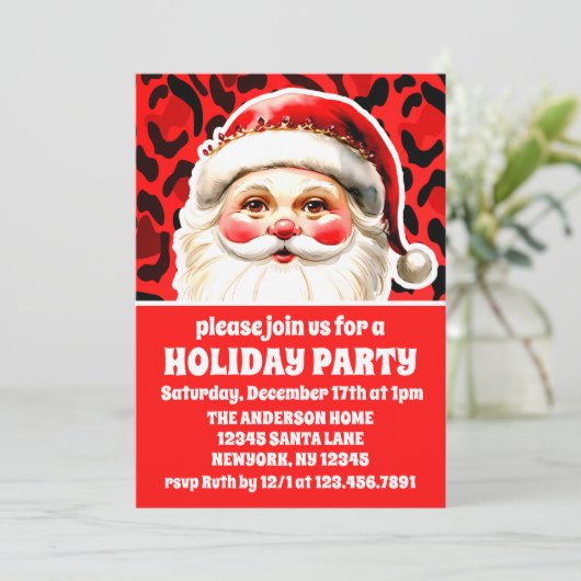Red Leopard Print Retro Kerstfeest Kaart (Staand voorkant)