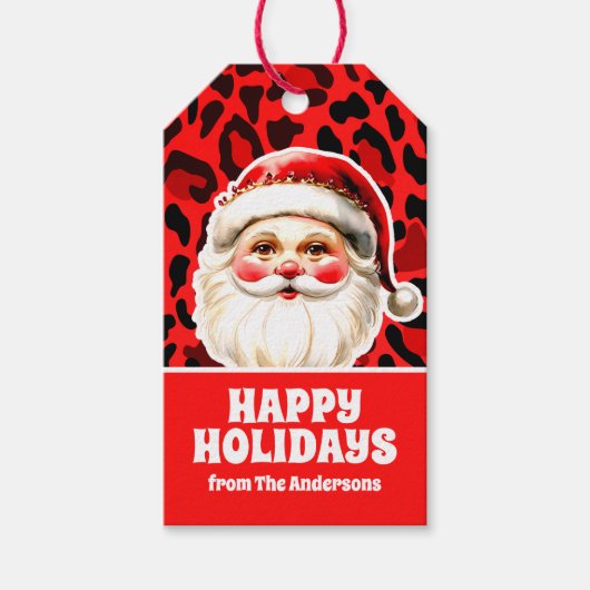 Red Leopard Print Retro Kerstman Kerstmis Cadeaulabel (Voorkant)