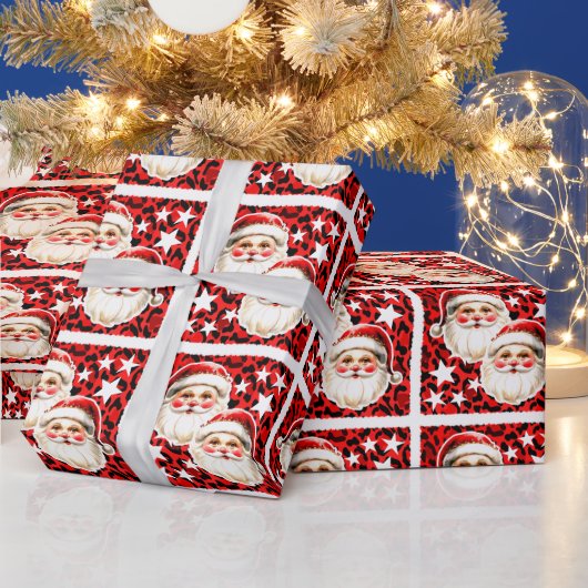 Red Leopard Print Retro Kerstman Kerstmis Cadeaupapier (Feestdagen)