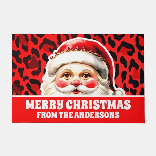 Red Leopard Print Retro Kerstman Kerstmis Deurmat (Voorkant)