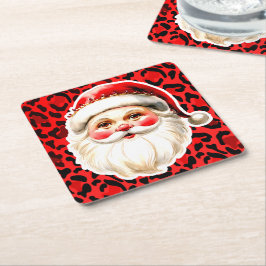 Red Leopard Print Retro Kerstman Kerstmis Kartonnen Onderzetters