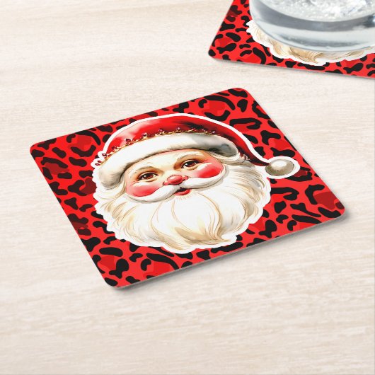 Red Leopard Print Retro Kerstman Kerstmis Kartonnen Onderzetters (Schuin)