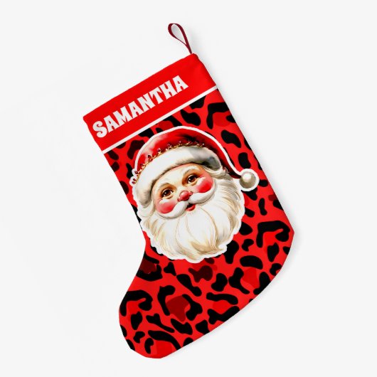 Red Leopard Print Retro Kerstman Kerstmis Kleine Kerstsok (Achterkant (Hangend))