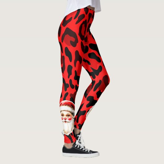 Red Leopard Print Retro Kerstman Kerstmis Leggings (Rechts)