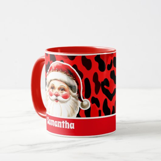 Red Leopard Print Retro Kerstman Kerstmis Mok (Voorkant links)