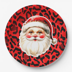 Red Leopard Print Retro Kerstman Kerstmis Papieren Bordje