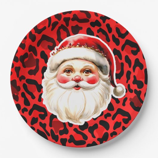 Red Leopard Print Retro Kerstman Kerstmis Papieren Bordje (Voorkant)
