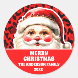Red Leopard Print Retro Kerstman Kerstmis Ronde Sticker