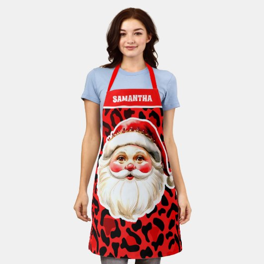 Red Leopard Print Retro Kerstman Kerstmis Schort (Gedragen)