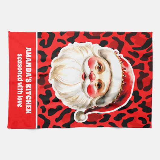 Red Leopard Print Retro Kerstman Kerstmis Theedoek (Horizontaal)
