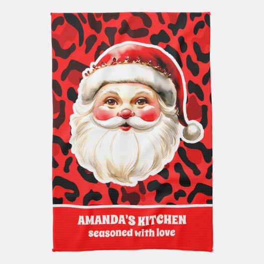 Red Leopard Print Retro Kerstman Kerstmis Theedoek (Verticaal)