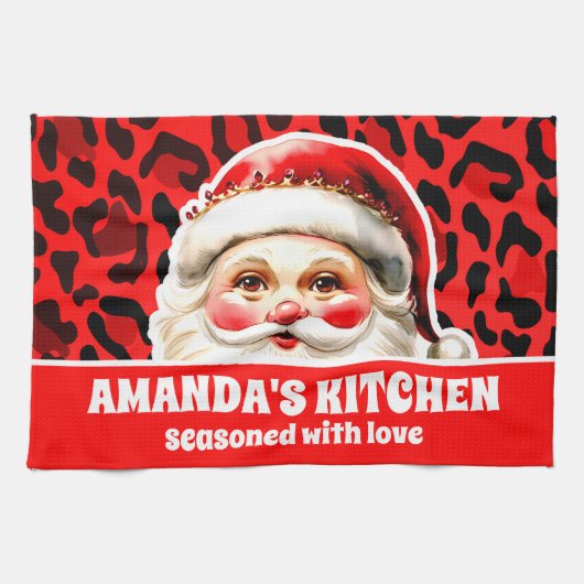 Red Leopard Print Retro Kerstman Kerstmis Theedoek (Horizontaal)