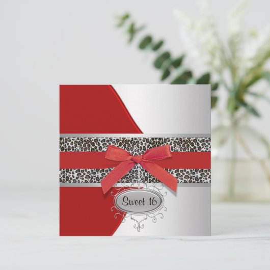Red Leopard Sweet 16 Verjaardagsfeest Kaart (Staand voorkant)